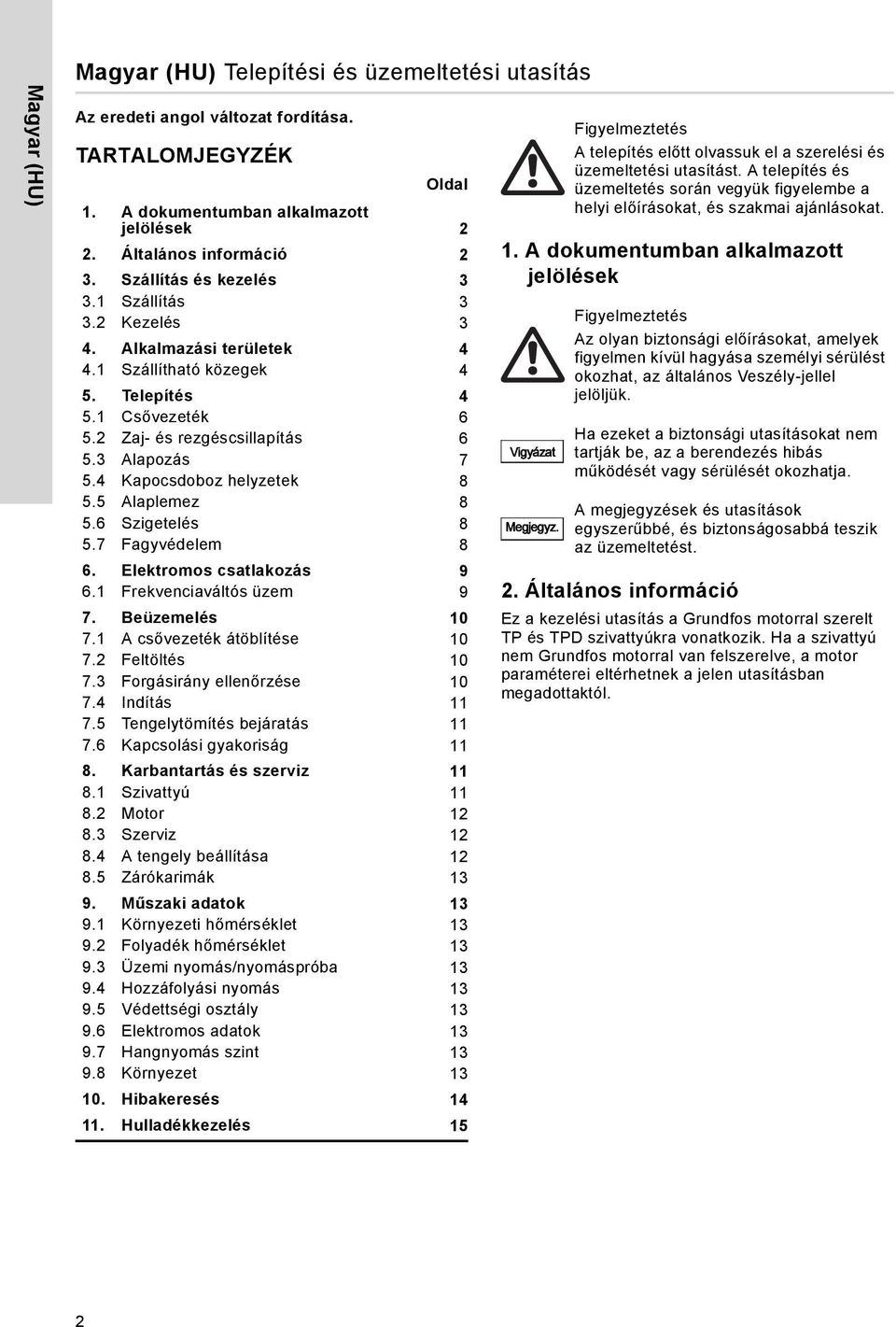 4 Kapocsdoboz helyzetek 8 5.5 Alaplemez 8 5.6 Szigetelés 8 5.7 Fagyvédelem 8 6. Elektromos csatlakozás 9 6.1 Frekvenciaváltós üzem 9 7. Beüzemelés 10 7.1 A csővezeték átöblítése 10 7.2 Feltöltés 10 7.