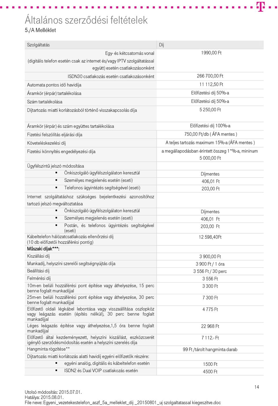 50%-a Előfizetési díj 50%-a 5 250,00 Ft Áramkör (érpár) és szám együttes tartalékolása Előfizetési díj 100%-a Fizetési felszólítás eljárási díja 750,00 Ft/db ( ÁFA mentes ) Követeléskezelési díj A