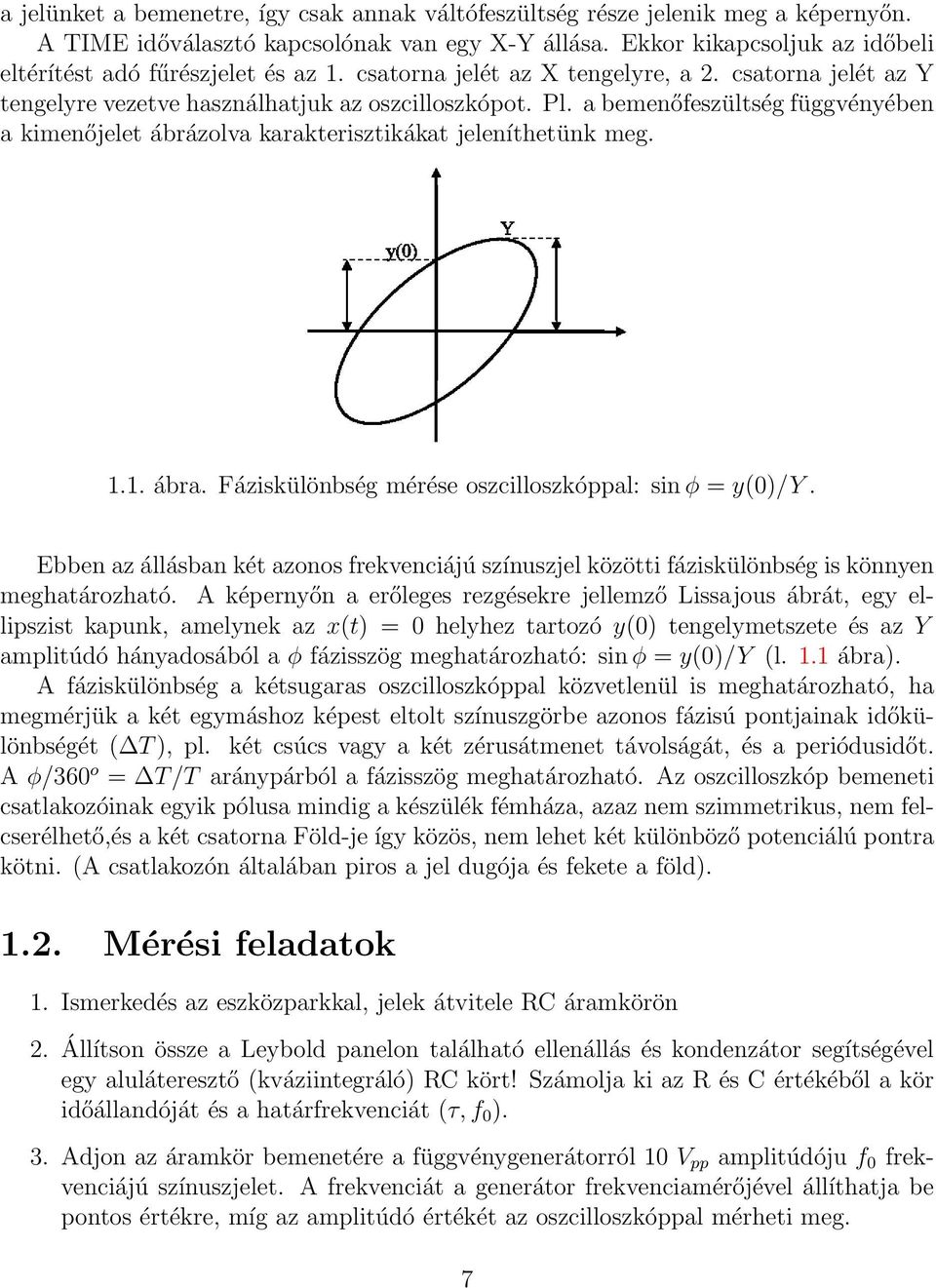 a bemenőfeszültség függvényében a kimenőjelet ábrázolva karakterisztikákat jeleníthetünk meg. 1.1. ábra. Fáziskülönbség mérése oszcilloszkóppal: sin φ = y(0)/y.