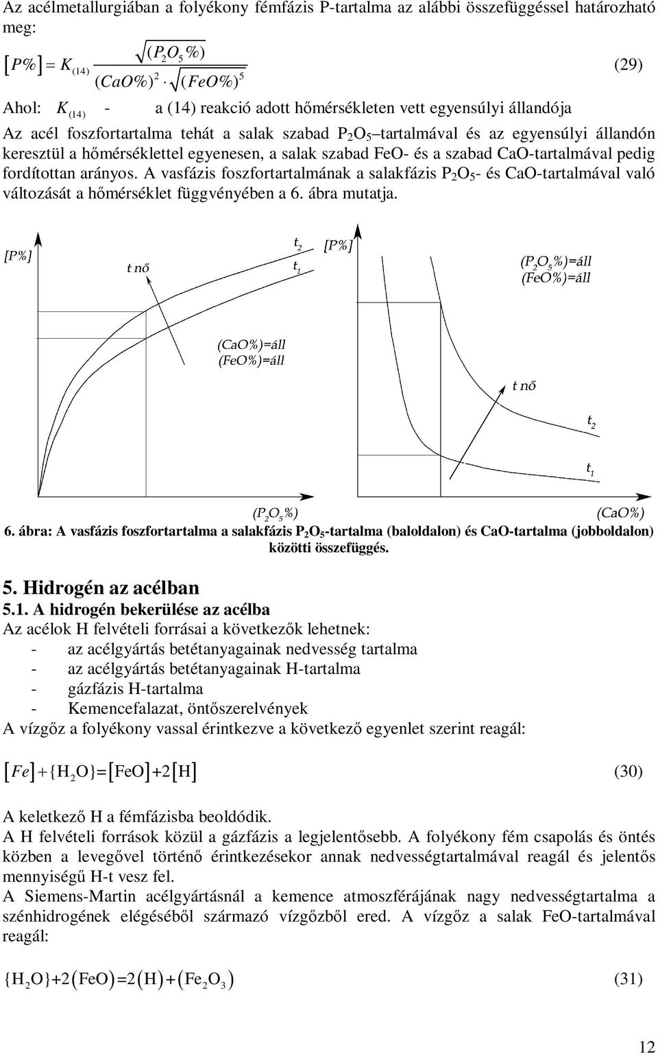 CaO-tartalmával pedig fordítottan arányos. A vasfázis foszfortartalmának a salakfázis P 2 O 5 - és CaO-tartalmával való változását a hőmérséklet függvényében a 6.