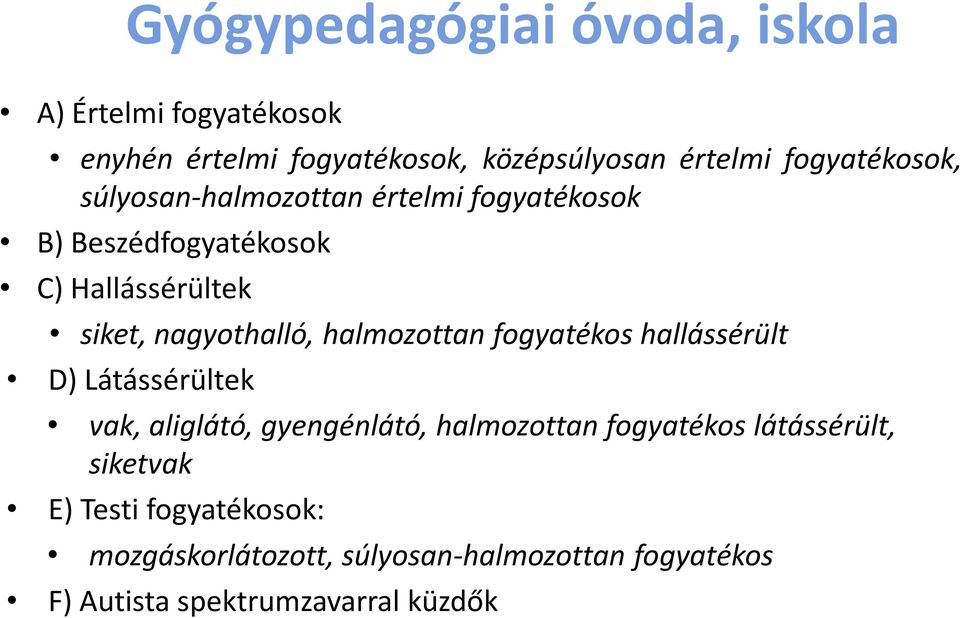 nagyothalló, halmozottan fogyatékos hallássérült D) Látássérültek vak, aliglátó, gyengénlátó, halmozottan