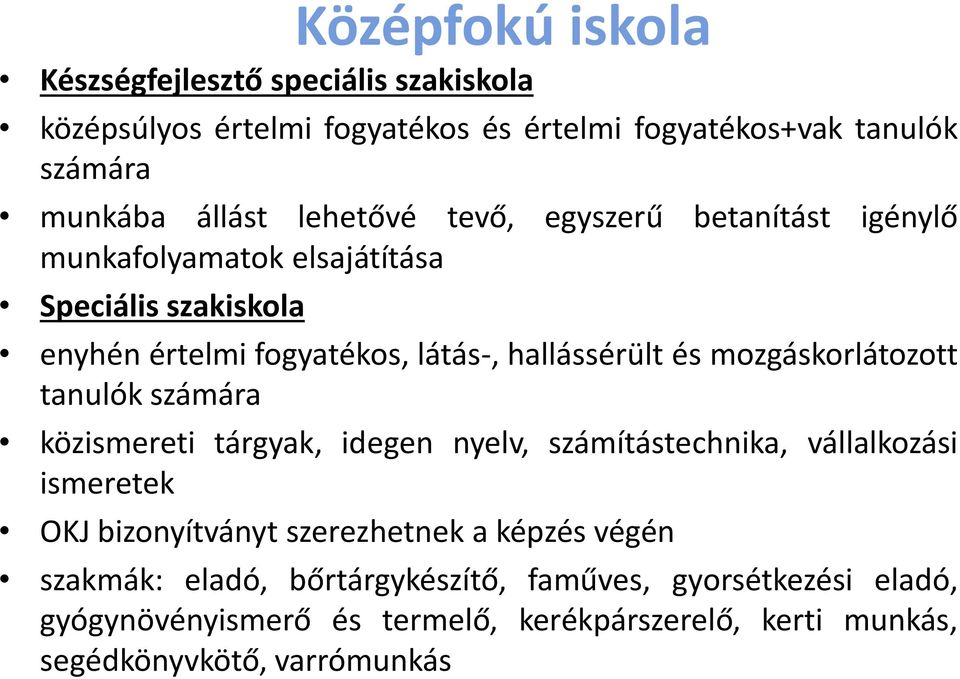 mozgáskorlátozott tanulók számára közismereti tárgyak, idegen nyelv, számítástechnika, vállalkozási ismeretek OKJ bizonyítványt szerezhetnek a