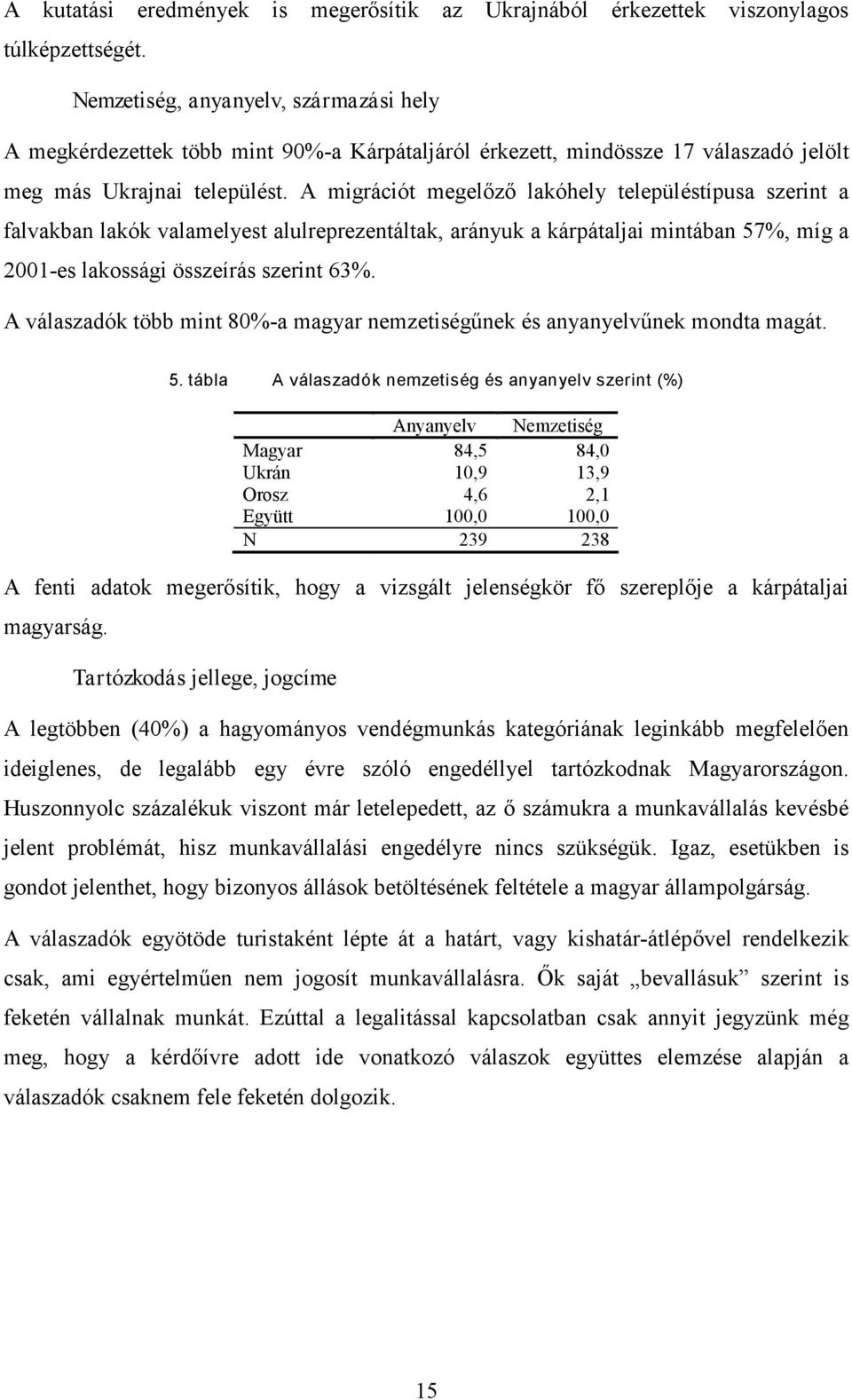 A migrációt megelőző lakóhely településtípusa szerint a falvakban lakók valamelyest alulreprezentáltak, arányuk a kárpátaljai mintában 57%, míg a 2001-es lakossági összeírás szerint 63%.