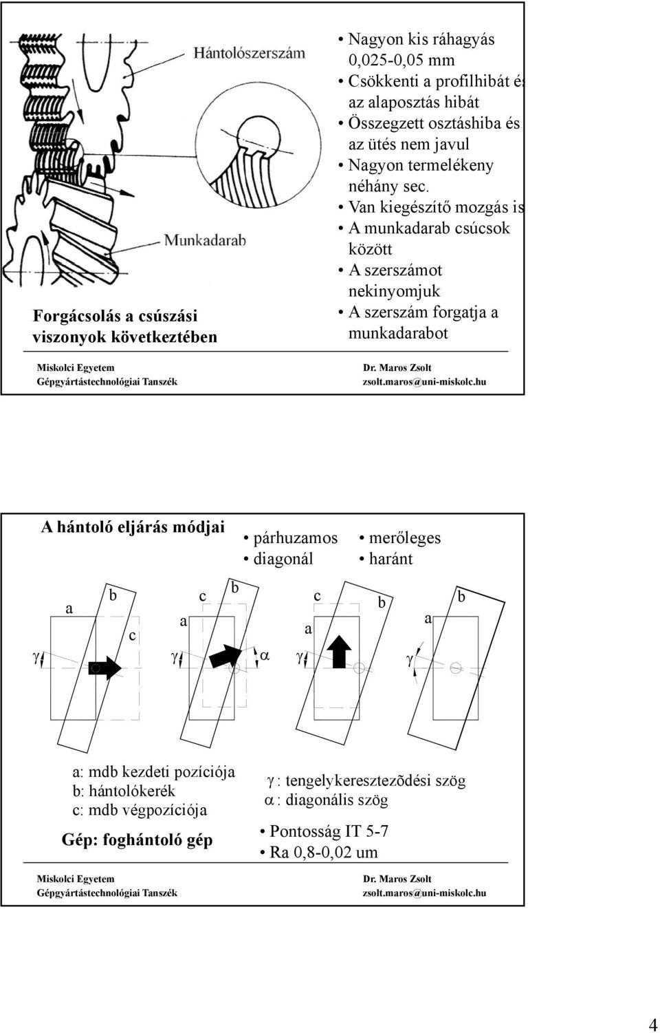 A szerszám forgatja a munkadaraot A hántoló eljárás módjai párhuzamos diagonál merőleges haránt c c a a c a γ γ α γ γ a a: md kezdeti