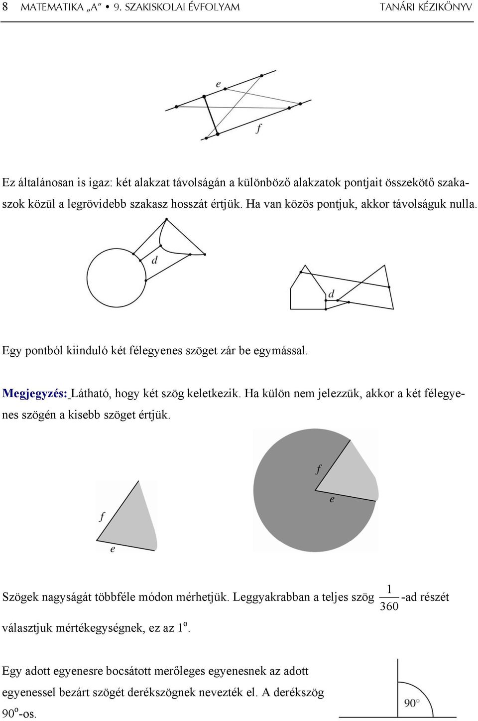 értjük. Ha van közös pontjuk, akkor távolságuk nulla. Egy pontból kiinduló két félegyenes szöget zár be egymással. Megjegyzés: Látható, hogy két szög keletkezik.