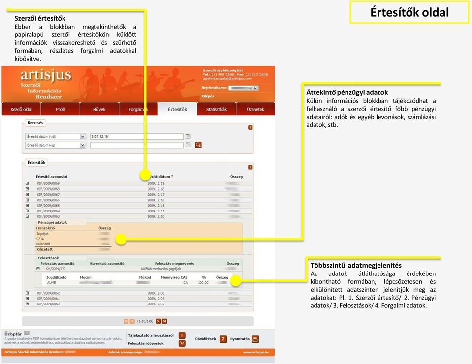 Értesítők oldal Áttekintő pénzügyi adatok Külön információs blokkban tájékozódhat a felhasználó a szerzői értesítő főbb pénzügyi adatairól: adók és