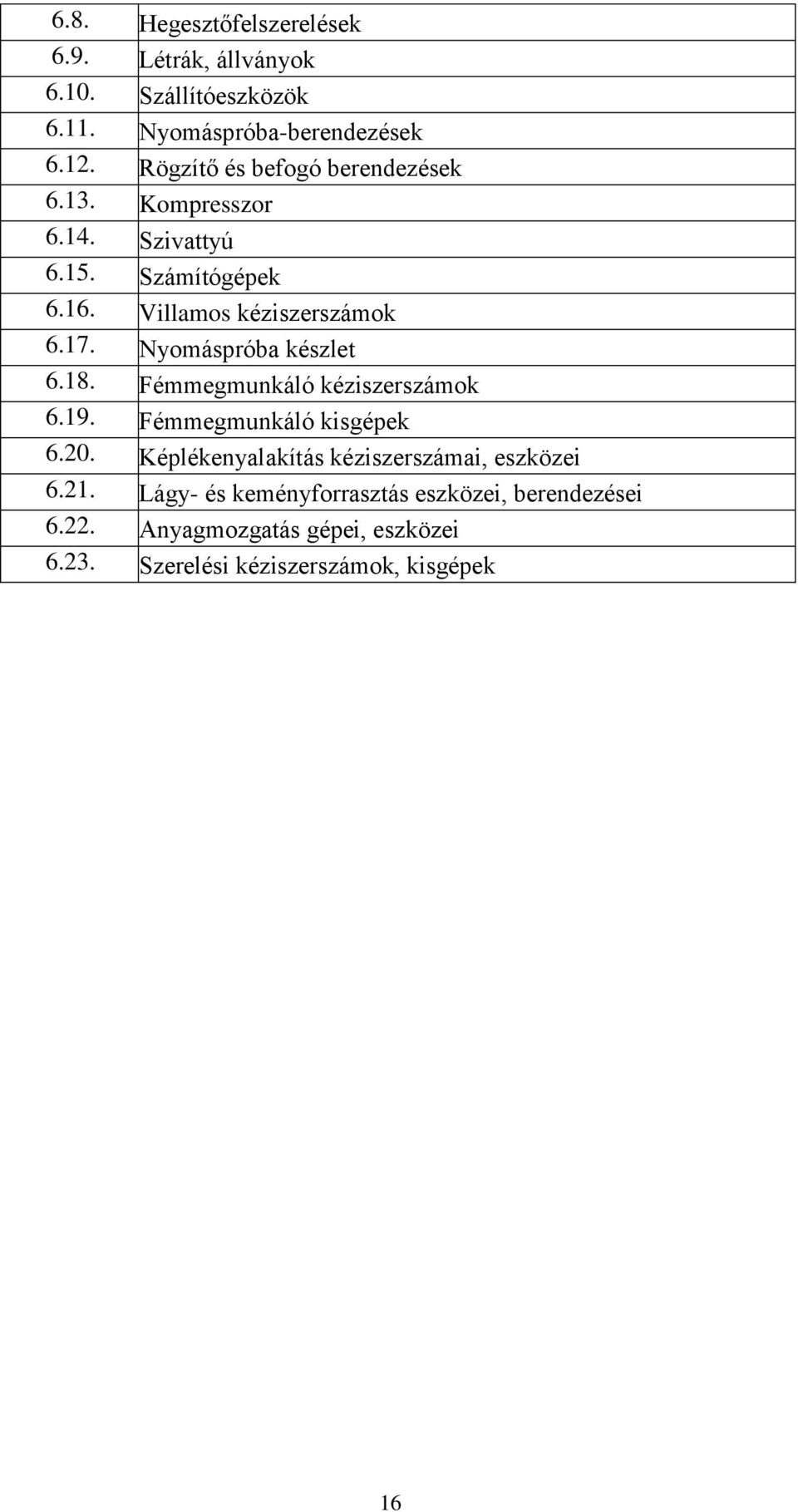 Nyomáspróba készlet 6.18. Fémmegmunkáló kéziszerszámok 6.19. Fémmegmunkáló kisgépek 6.20.