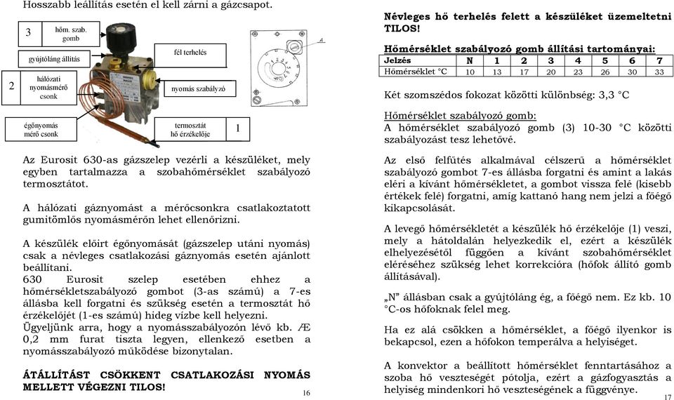 Hőmérséklet szabályozó gomb állítási tartományai: Jelzés N 1 2 3 4 5 6 7 Hőmérséklet C 10 13 17 20 23 26 30 33 Két szomszédos fokozat közötti különbség: 3,3 C égőnyomás mérő csonk termosztát hő