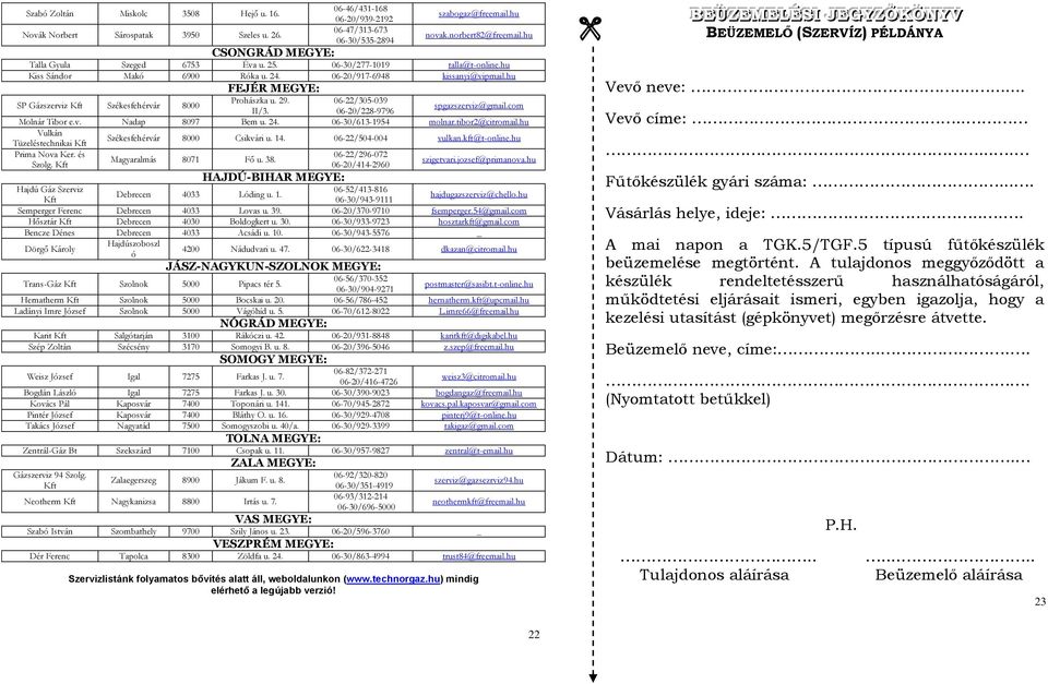 hu FEJÉR MEGYE: SP Gázszerviz Kft Székesfehérvár 8000 Prohászka u. 29. 06-22/305-039 II/3. 06-20/228-9796 spgazszerviz@gmail.com Molnár Tibor e.v. Nadap 8097 Bem u. 24. 06-30/613-1954 molnar.