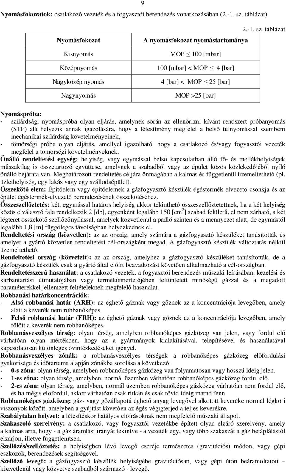 táblázat A nyomásfokozat nyomástartománya MOP 100 [mbar] 100 [mbar] < MOP 4 [bar] 4 [bar] < MOP 25 [bar] MOP >25 [bar] Nyomáspróba: szilárdsági nyomáspróba olyan eljárás, amelynek során az