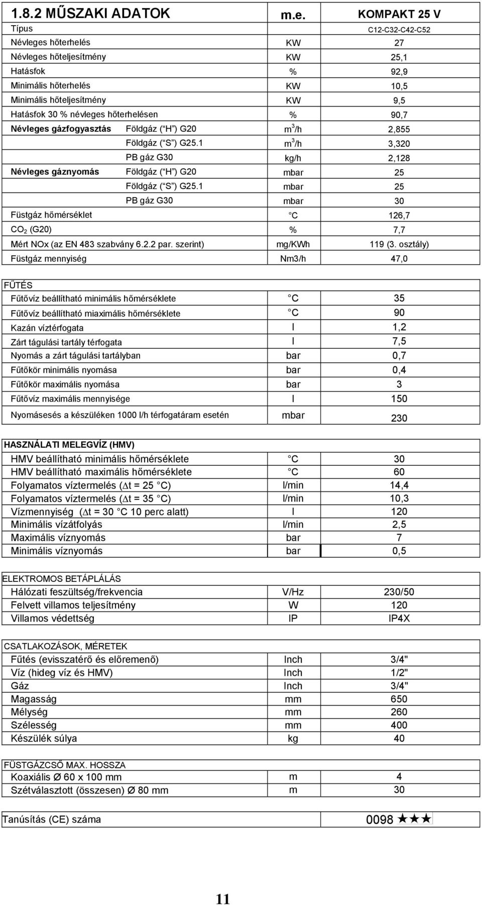 hőterhelésen % 90,7 Névleges gázfogyasztás Földgáz ( H ) G20 m 3 /h 2,855 Földgáz ( S ) G25.1 m 3 /h 3,320 PB gáz G30 kg/h 2,128 Névleges gáznyomás Földgáz ( H ) G20 mbar 25 Földgáz ( S ) G25.