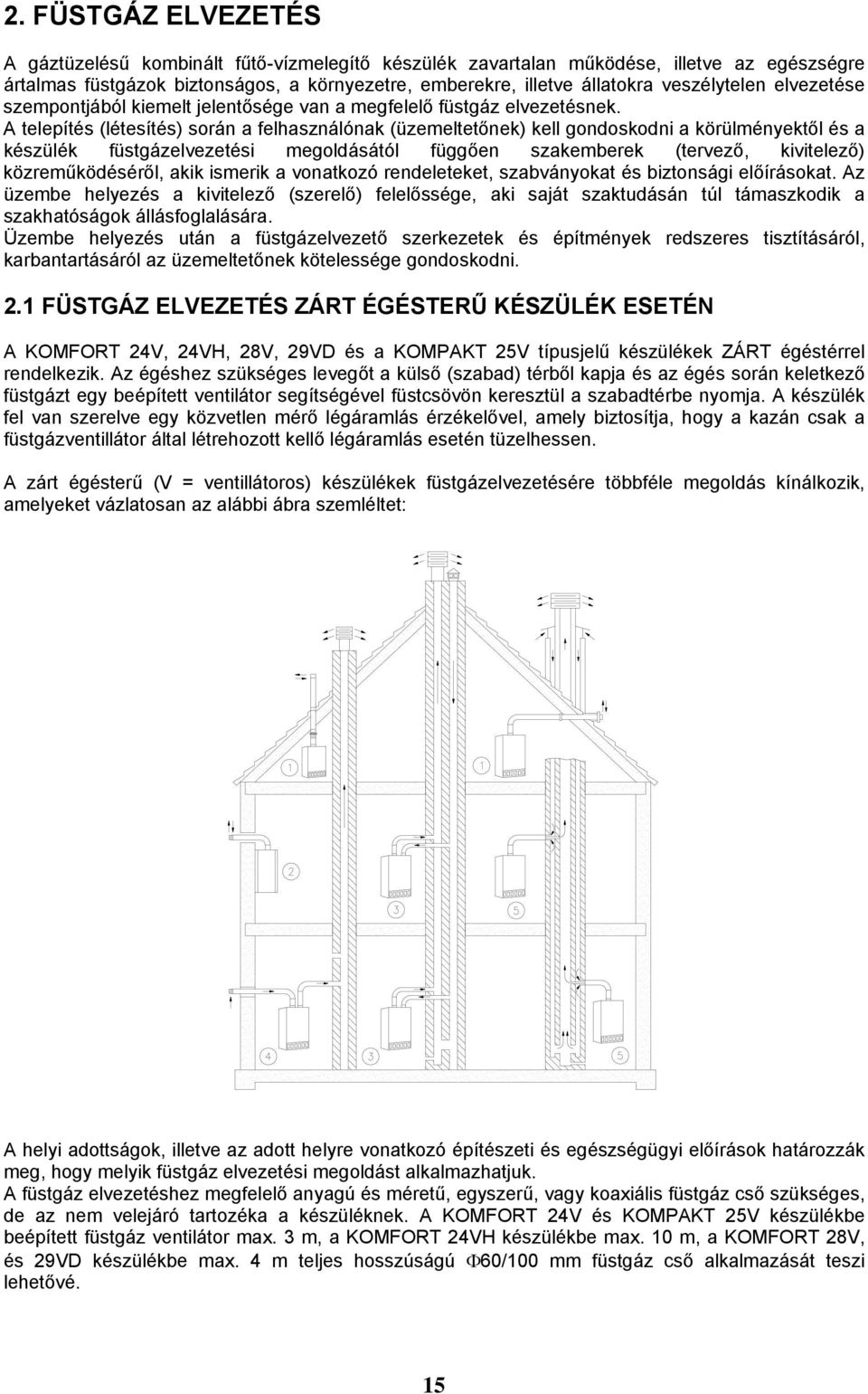 A telepítés (létesítés) során a felhasználónak (üzemeltetőnek) kell gondoskodni a körülményektől és a készülék füstgázelvezetési megoldásától függően szakemberek (tervező, kivitelező)