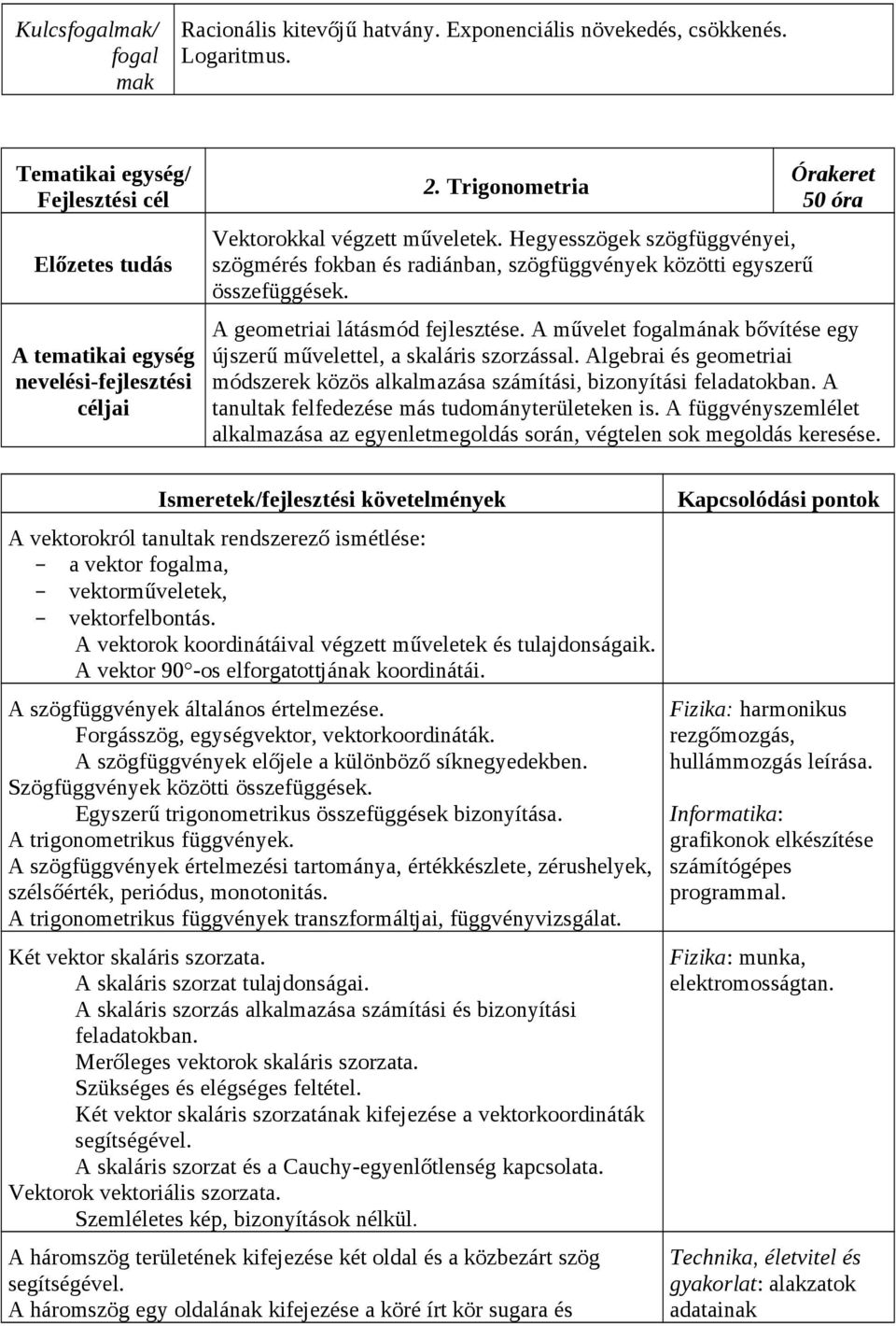 A művelet fogalmának bővítése egy újszerű művelettel, a skaláris szorzással. Algebrai és geometriai módszerek közös alkalmazása számítási, bizonyítási feladatokban.