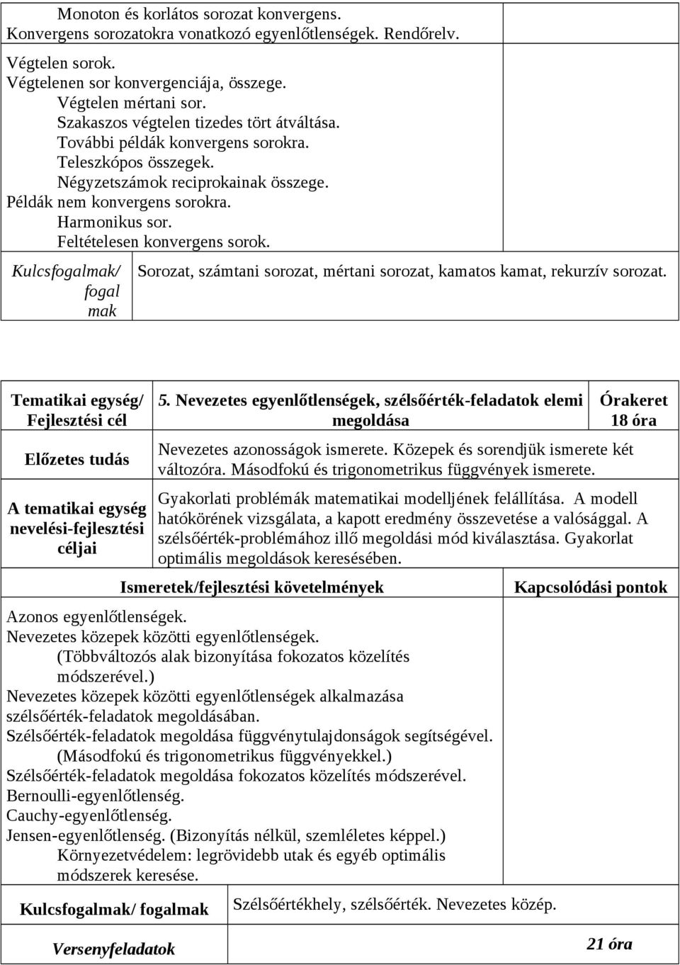 Feltételesen konvergens sorok. Kulcsfogalmak/ fogal mak Sorozat, számtani sorozat, mértani sorozat, kamatos kamat, rekurzív sorozat. 5.