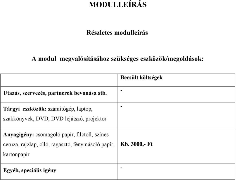 Tárgyi eszközök: számítógép, laptop, szakkönyvek, DVD, DVD lejátszó, projektor Anyagigény: