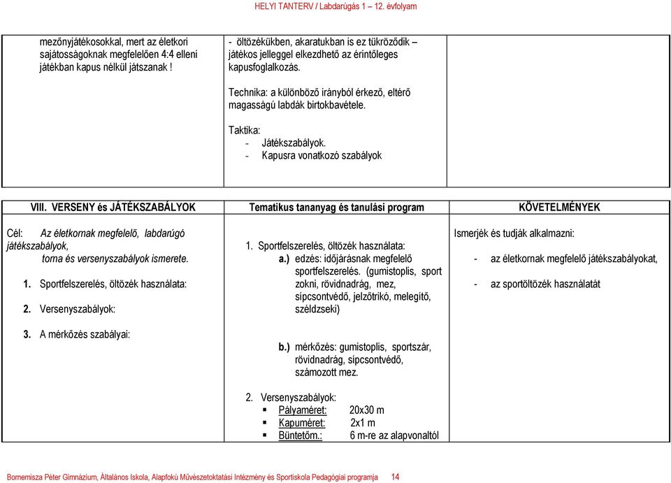 Labdarúgás évfolyam. A labdarúgó sportág tantervi célja. Általános célok.  Tantervi feladatok - PDF Ingyenes letöltés