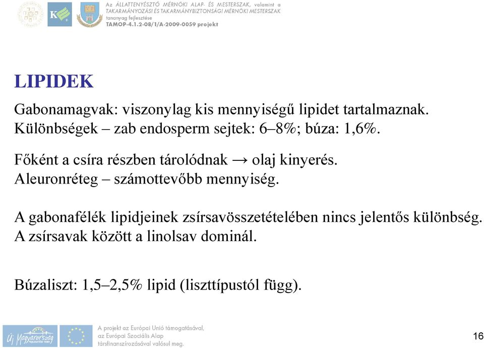 Főként a csíra részben tárolódnak olaj kinyerés. Aleuronréteg számottevőbb mennyiség.