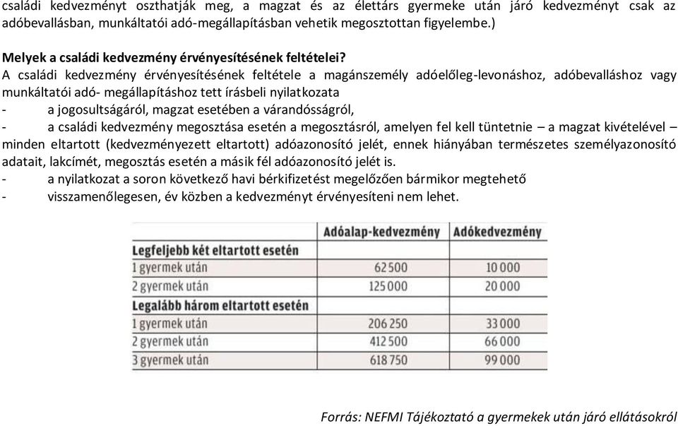 A családi kedvezmény érvényesítésének feltétele a magánszemély adóelőleg-levonáshoz, adóbevalláshoz vagy munkáltatói adó- megállapításhoz tett írásbeli nyilatkozata - a jogosultságáról, magzat