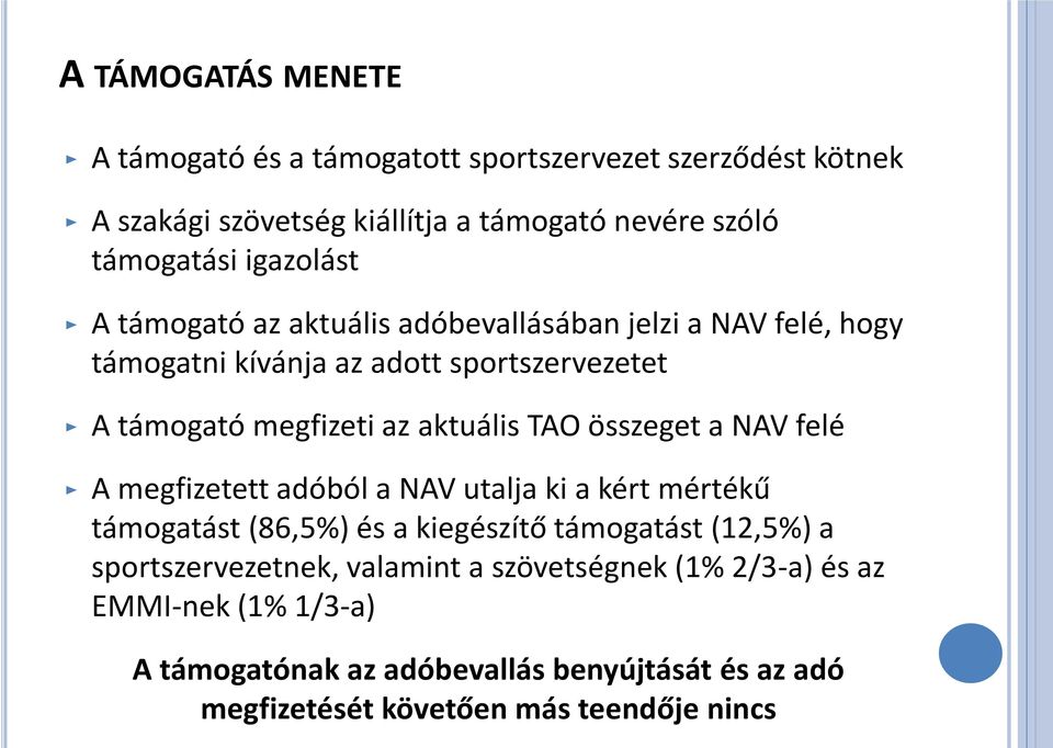 TAO összeget a NAV felé A megfizetett adóból a NAV utalja ki a kért mértékű támogatást (86,5%) és a kiegészítő támogatást (12,5%) a