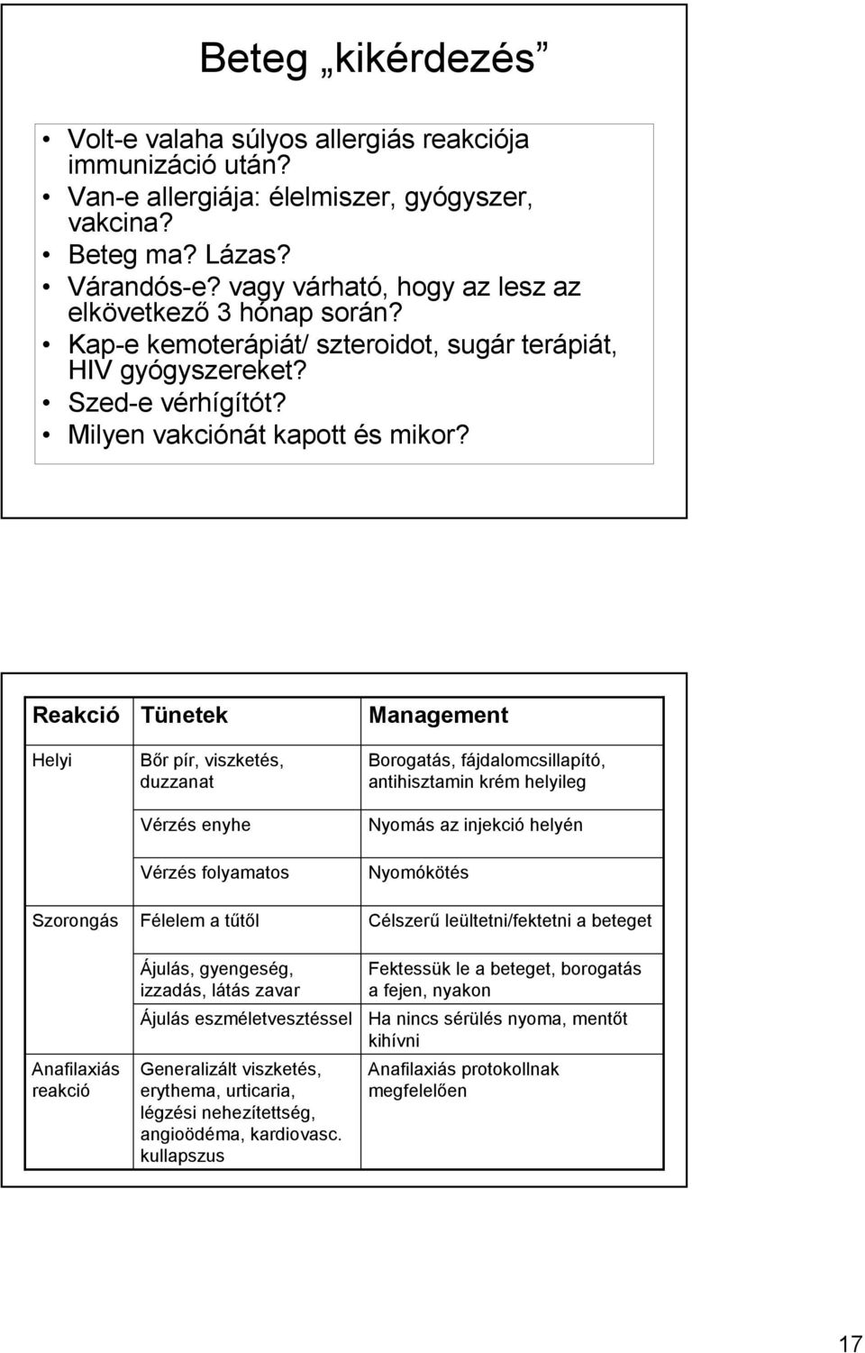 Reakció Helyi Szorongás Anafilaxiás reakció Tünetek Bır pír, viszketés, duzzanat Vérzés enyhe Vérzés folyamatos Félelem a tőtıl Ájulás, gyengeség, izzadás, látás zavar Ájulás eszméletvesztéssel