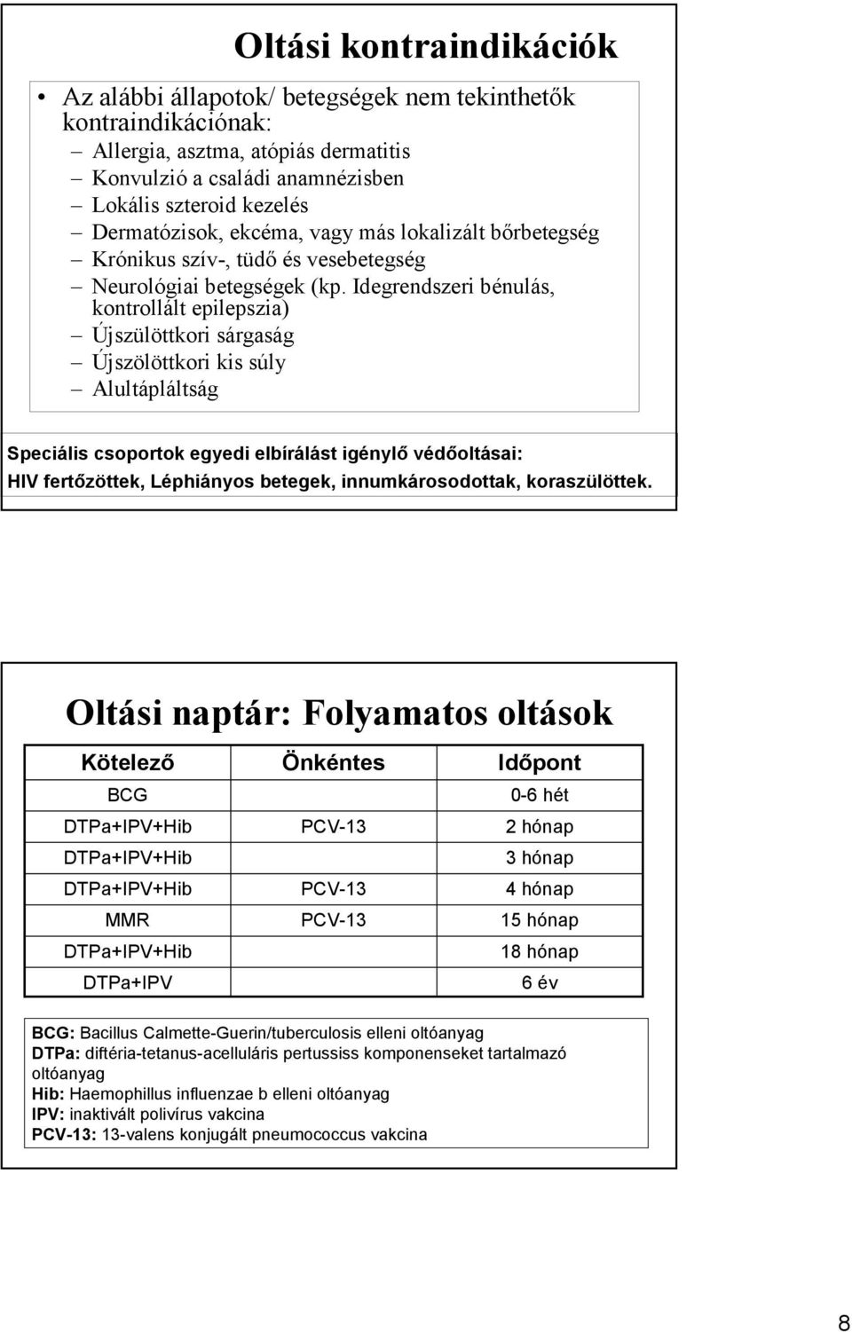 Idegrendszeri bénulás, kontrollált epilepszia) Újszülöttkori sárgaság Újszölöttkori kis súly Alultápláltság Speciális csoportok egyedi elbírálást igénylı védıoltásai: HIV fertızöttek, Léphiányos