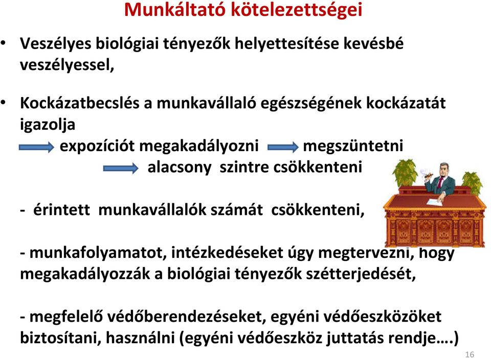 munkavállalók számát csökkenteni, munkafolyamatot, intézkedéseket úgy megtervezni, hogy megakadályozzák a biológiai