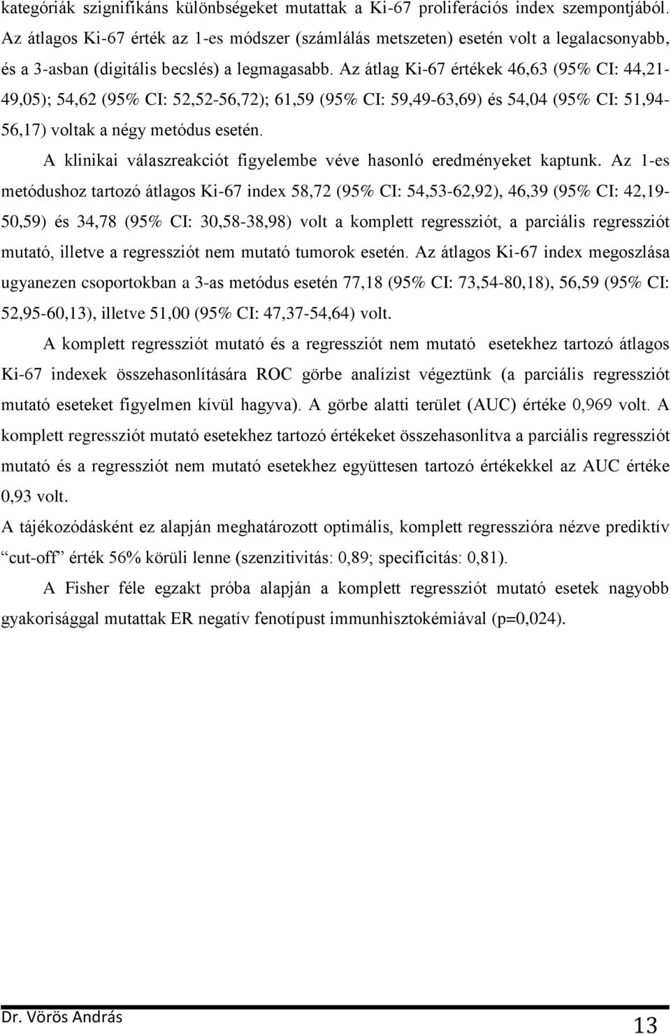 Az átlag Ki-67 értékek 46,63 (95% CI: 44,21-49,05); 54,62 (95% CI: 52,52-56,72); 61,59 (95% CI: 59,49-63,69) és 54,04 (95% CI: 51,94-56,17) voltak a négy metódus esetén.