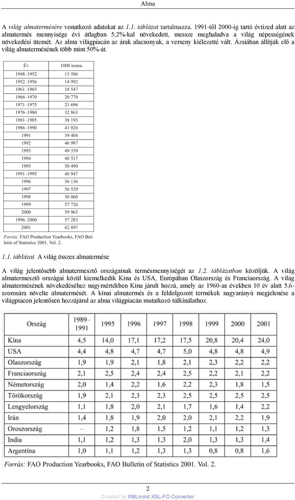 Az alma világpiacán az árak alacsonyak, a verseny kiélezetté vált. Ázsiában állítják elő a világ almatermésének több mint 50%-át. 1.1. táblázat.