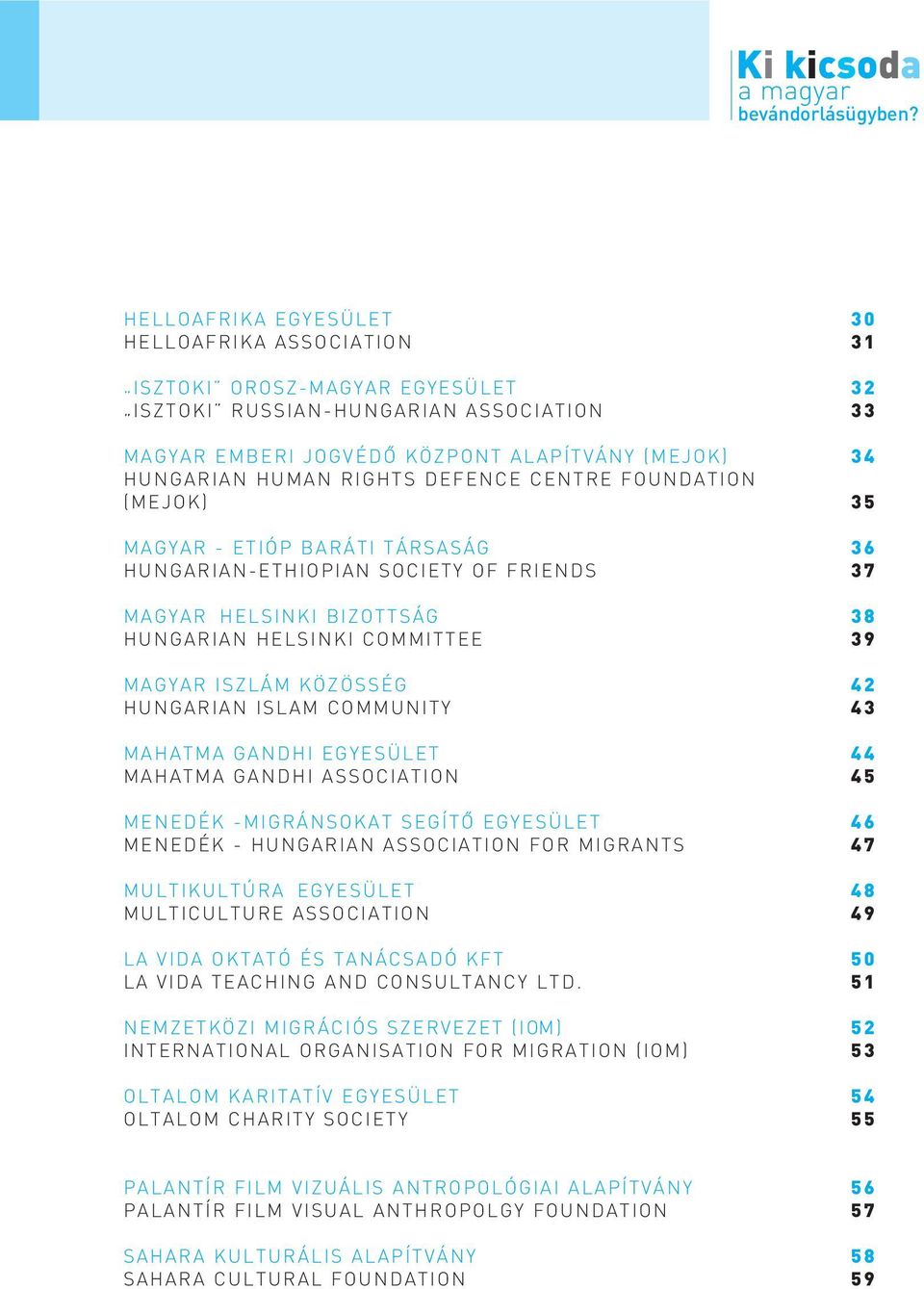 RIGHTS DEFENCE CENTRE FOUNDATION (MEJOK) 35 MAGYAR - ETIÓP BARÁTI TÁRSASÁG 36 HUNGARIAN-ETHIOPIAN SOCIETY OF FRIENDS 37 MAGYAR HELSINKI BIZOTTSÁG 38 HUNGARIAN HELSINKI COMMITTEE 39 MAGYAR ISZLÁM