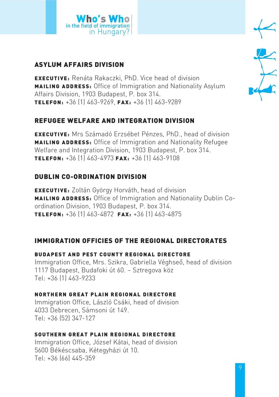 TELEFON: +36 (1) 463-9269, FAX: +36 (1) 463-9289 REFUGEE WELFARE AND INTEGRATION DIVISION EXECUTIVE: Mrs Számadó Erzsébet Pénzes, PhD.