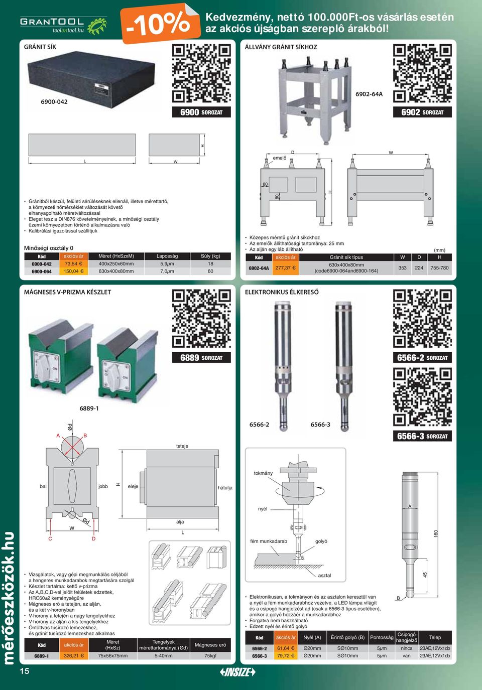 (HxSzxM) Laposság Súly (kg) 6900-042 73,54 400x250x60mm 5,9μm 18 6900-064 150,04 630x400x80mm 7,0μm 60 Közepes méretű gránit síkokhoz Az emelők állíthatósági tartománya: 25 mm Az alján egy láb