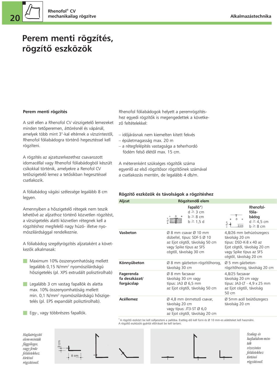 A rögzítés az ajzatszerkezethez csavarozott idomacéllal vagy Rhenofol fóliabádogból készült csíkokkal történik, amelyekre a Renofol CV tetôszigetelô lemez a tetôsíkban hegesztéssel csatlakozik.