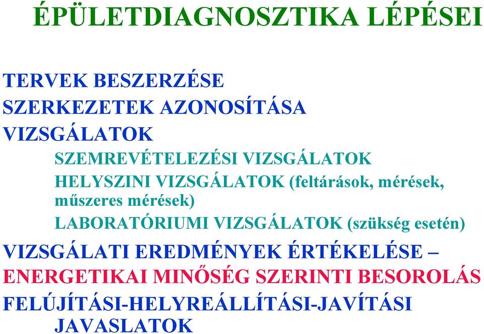 mérések) LABORATÓRIUMI VIZSGÁLATOK (szükség esetén) VIZSGÁLATI EREDMÉNYEK