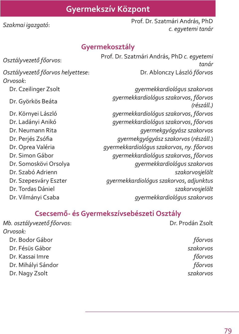 Neumann Rita gyermekgyógyász Dr. Perjés Zsófia gyermekgyógyász (részáll.) Dr. Oprea Valéria gyermekkardiológus, ny. Dr. Simon Gábor gyermekkardiológus, Dr. Somoskövi Orsolya gyermekkardiológus Dr.