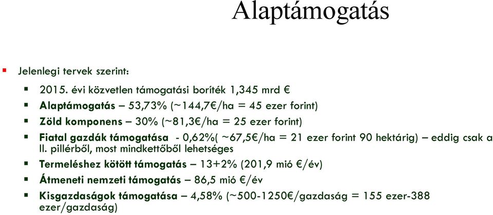 /ha = 25 ezer forint) Fiatal gazdák támogatása - 0,62%( ~67,5 /ha = 21 ezer forint 90 hektárig) eddig csak a II.