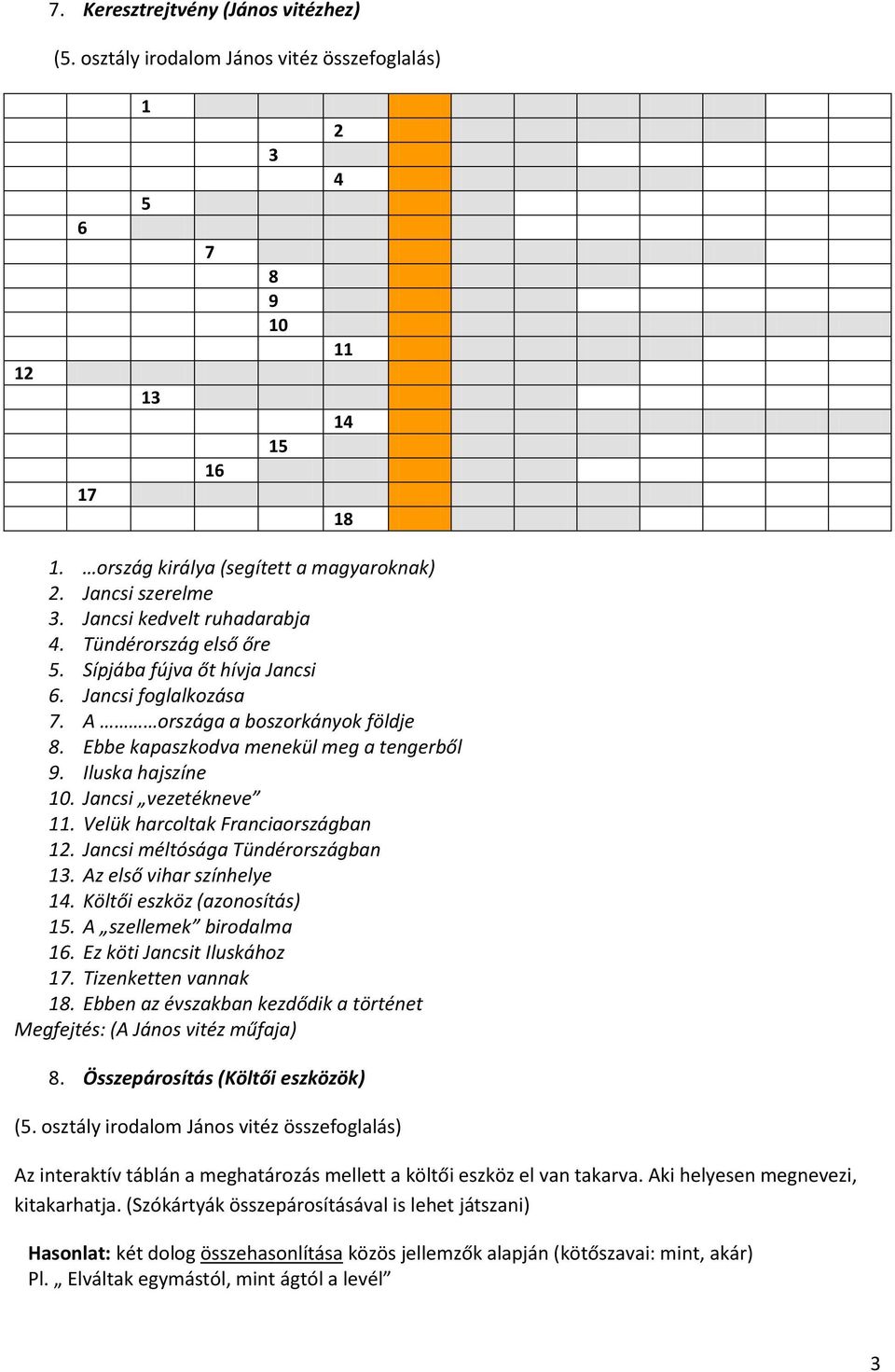 Velük harcoltak Franciaországban 12. Jancsi méltósága Tündérországban 13. Az első vihar színhelye 14. Költői eszköz (azonosítás) 15. A szellemek birodalma 16. Ez köti Jancsit Iluskához 17.