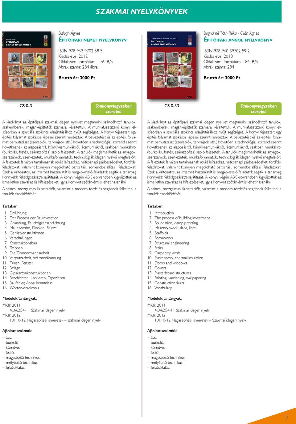 Ágnes Építőipari angol nyelvkönyv BALOGH ÁGNES: ÉPÍTŐIPARI NÉMET NYELVKÖNYV ISBN 978 963 9702 58 5 Kiadás éve: 2012 Oldalszám, formátum: 176, B/5 Ábrák száma: 284 ábra Bruttó ár: 3000 Ft 1
