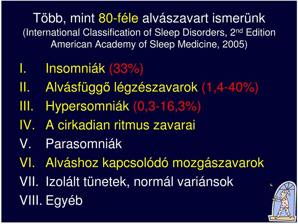 Alvásfüggı légzészavarok (1,4-40%) III. Hypersomniák (0,3-16,3%) IV.