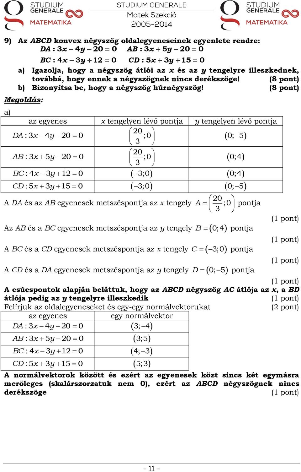 (8 pont) a) az egyenes x tengelyen lévő pontja y tengelyen lévő pontja DA : x 4y 0 0 AB : x 5y 0 0 BC : 4x y 0 CD : 5x y 5 0 0 ;0 0 ;0 ;0 ;0 A DA az AB egyenesek metszpontja az x tengely Az AB a BC