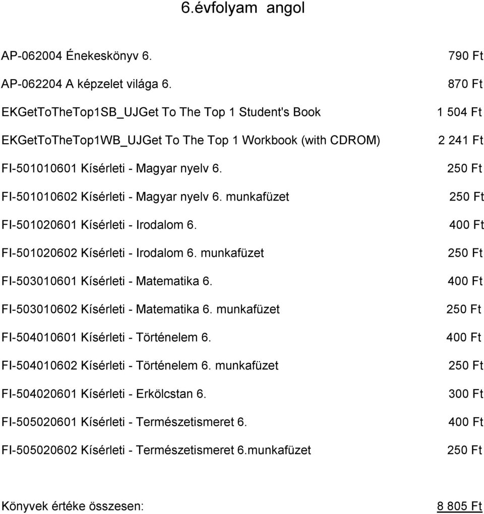 FI 501010602 Kísérleti Magyar nyelv 6. munkafüzet FI 501020601 Kísérleti Irodalom 6. FI 501020602 Kísérleti Irodalom 6. munkafüzet FI 503010601 Kísérleti Matematika 6.