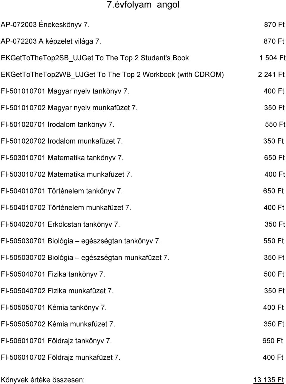 FI 501020701 Irodalom tankönyv 7. FI 501020702 Irodalom munkafüzet 7. FI 503010701 Matematika tankönyv 7. FI 503010702 Matematika munkafüzet 7. FI 504010701 Történelem tankönyv 7.