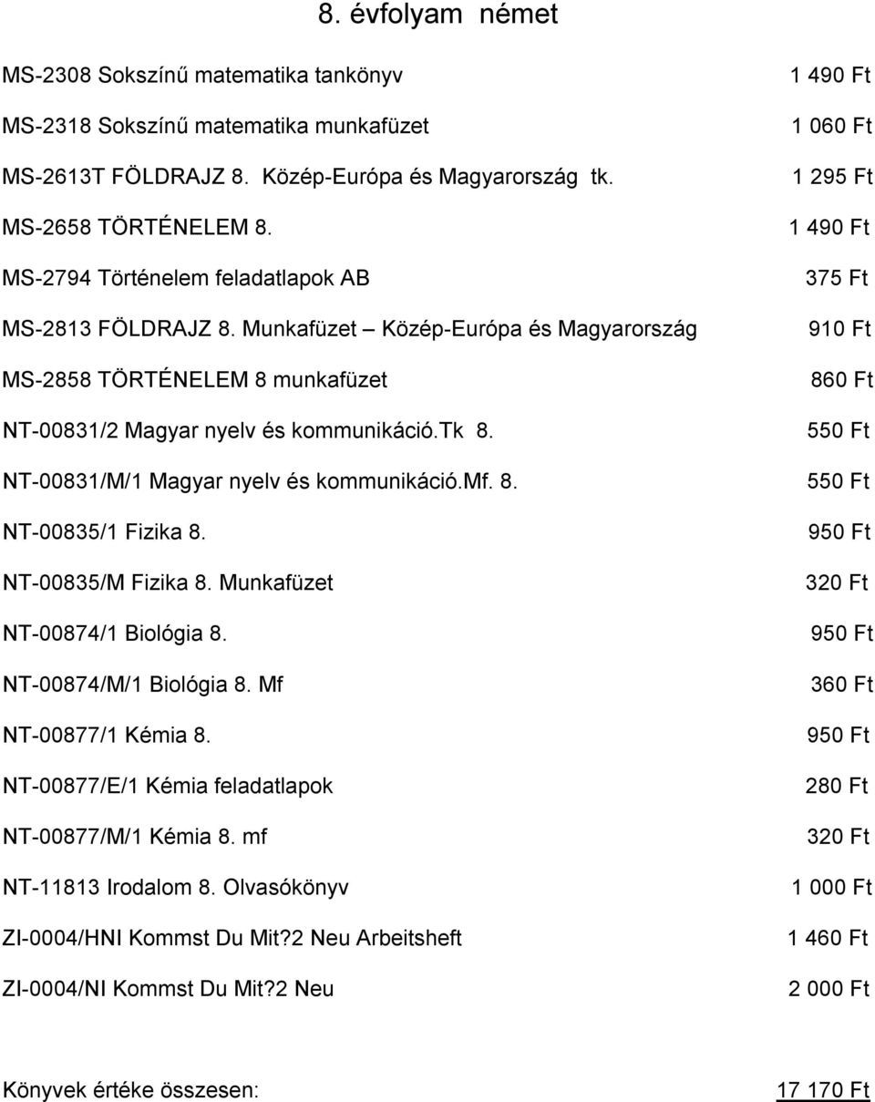 NT 00831/M/1 Magyar nyelv és kommunikáció.mf. 8. NT 00835/1 Fizika 8. NT 00835/M Fizika 8. Munkafüzet NT 00874/1 Biológia 8. NT 00874/M/1 Biológia 8. Mf NT 00877/1 Kémia 8.