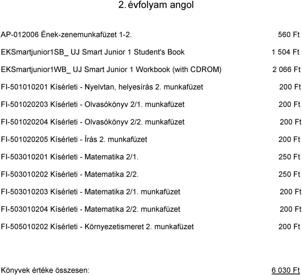 munkafüzet FI 501020203 Kísérleti Olvasókönyv 2/1. munkafüzet FI 501020204 Kísérleti Olvasókönyv 2/2. munkafüzet FI 501020205 Kísérleti Írás 2.