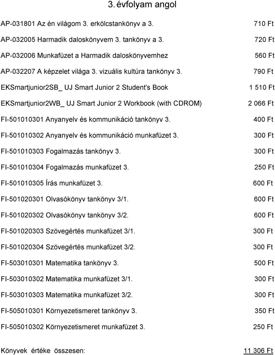 FI 501010302 Anyanyelv és kommunikáció munkafüzet 3. FI 501010303 Fogalmazás tankönyv 3. FI 501010304 Fogalmazás munkafüzet 3. FI 501010305 Írás munkafüzet 3. FI 501020301 Olvasókönyv tankönyv 3/1.