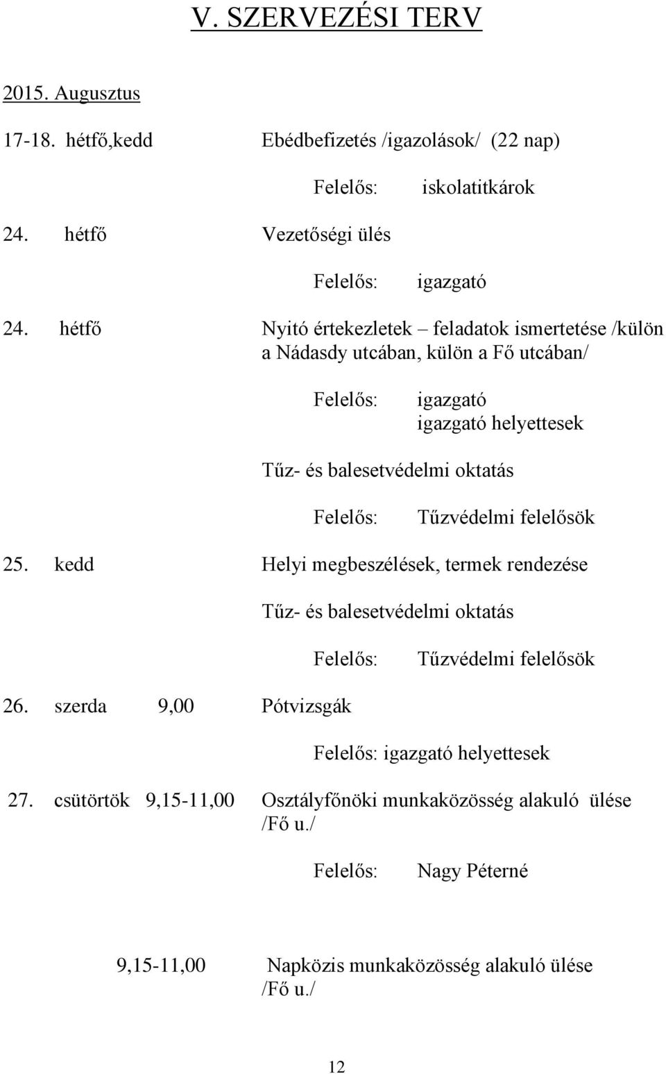 oktatás Tűzvédelmi felelősök 25. kedd Helyi megbeszélések, termek rendezése Tűz- és balesetvédelmi oktatás Tűzvédelmi felelősök 26.