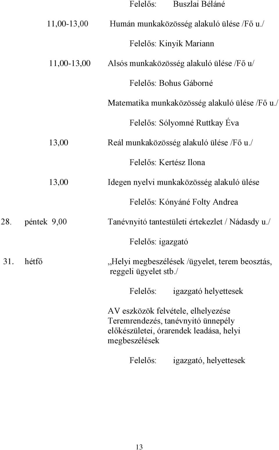 / Sólyomné Ruttkay Éva 13,00 Reál munkaközösség alakuló ülése /Fő u./ Kertész Ilona 13,00 Idegen nyelvi munkaközösség alakuló ülése Kónyáné Folty Andrea 28.