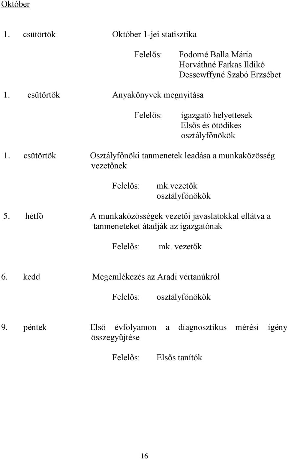 csütörtök Osztályfőnöki tanmenetek leadása a munkaközösség vezetőnek mk.vezetők osztályfőnökök 5.