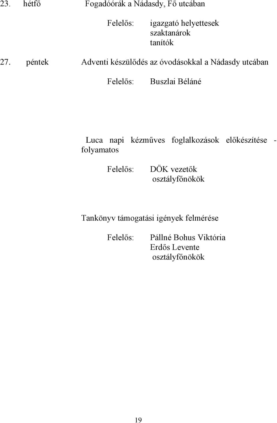 napi kézműves foglalkozások előkészítése - folyamatos DÖK vezetők osztályfőnökök