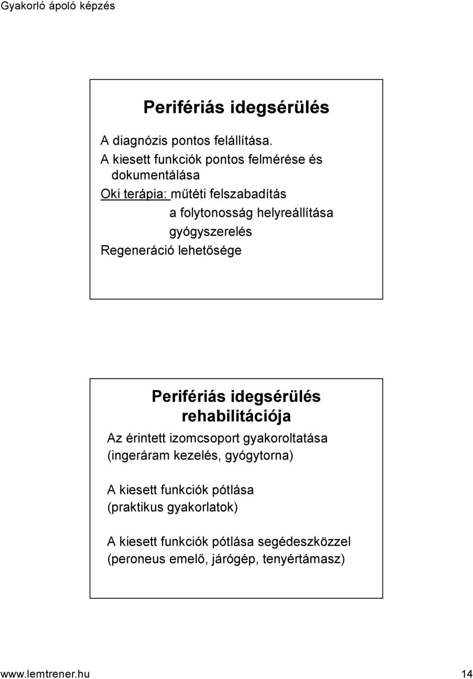 gyógyszerelés Regeneráció lehetősége Perifériás idegsérülés rehabilitációja Az érintett izomcsoport gyakoroltatása