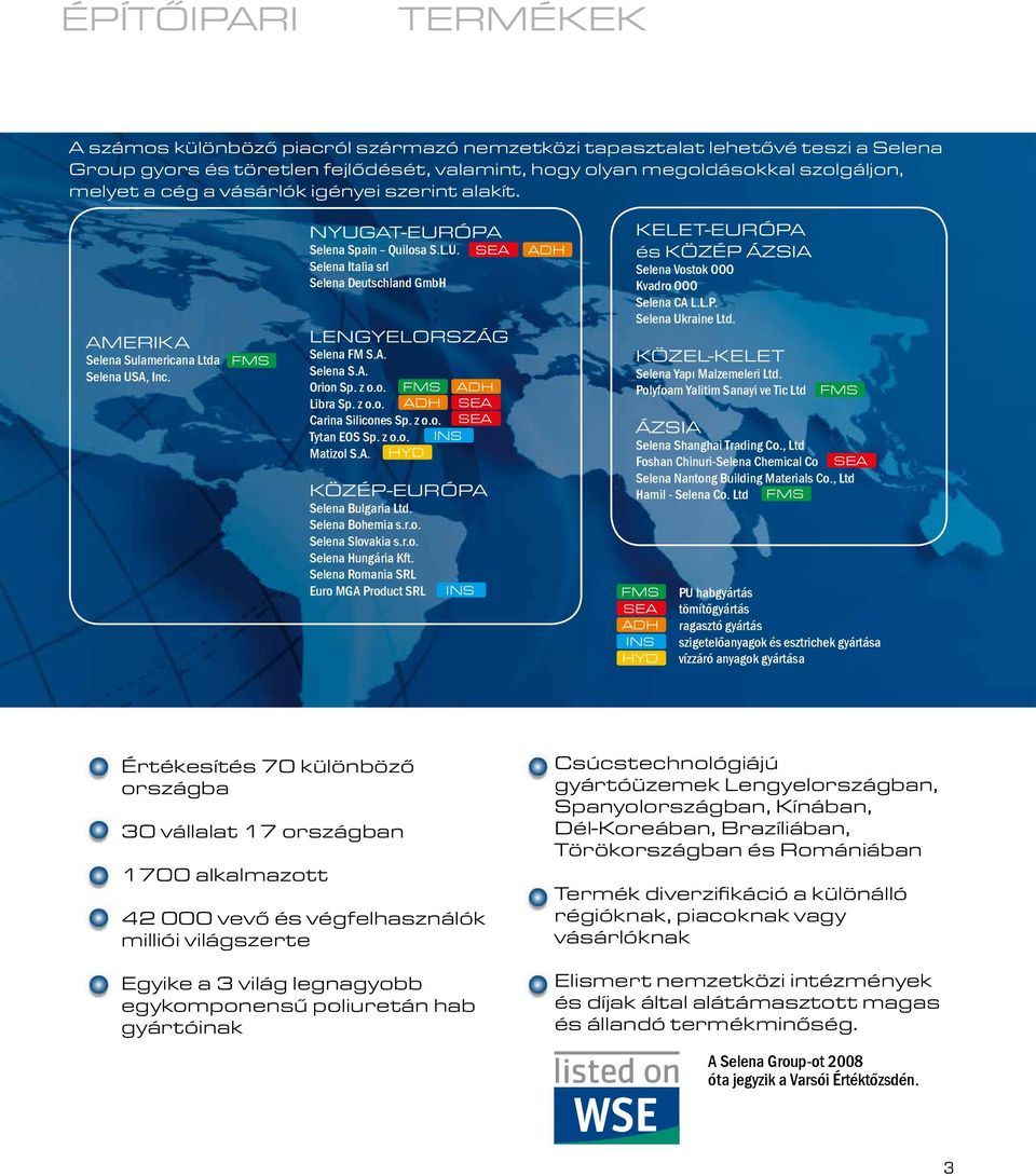 A. Selena S.A. Orion Sp. z o.o. Libra Sp. z o.o. FMS ADH ADH SEA Carina Silicones Sp. z o.o. SEA Tytan EOS Sp. z o.o. INS Matizol S.A. HYD KÖZÉP-EURÓPA Selena Bulgaria Ltd. Selena Bohemia s.r.o. Selena Slovakia s.
